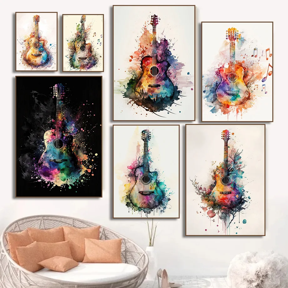 Picture Of Musical Instrument - (Ohne Rahmen) Musikinstrument Gitarre, Aquarell-Kunstposter, Leinwandbild,